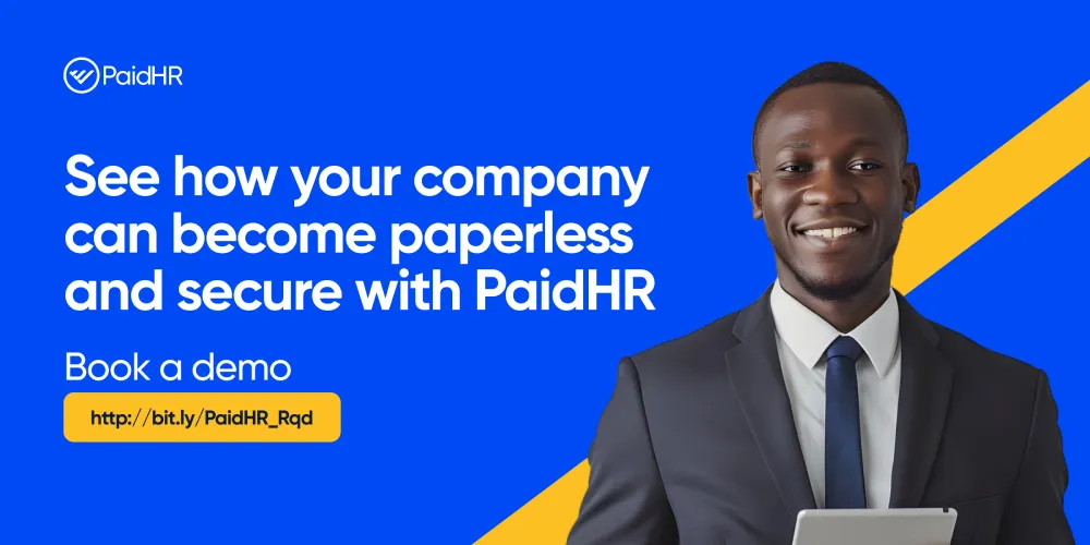 See how your company can become paperless and secure with PaidHR. Book a demo. PaidHR logo and a yellow demo link are shown on a blue background with yellow accents.