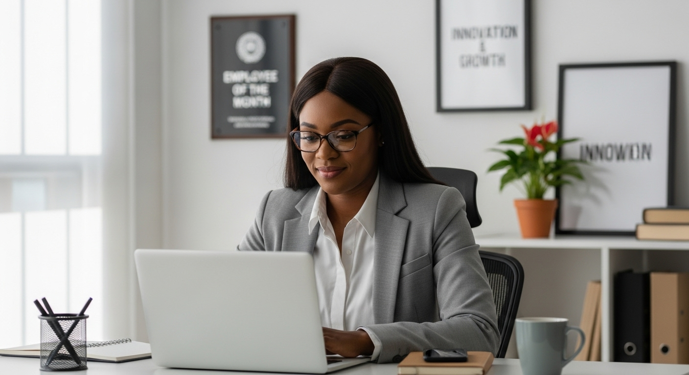 A woman in a gray suit and glasses sits at a desk, working on her laptop in a bright, modern office promoting Employees Loan Access. Behind her are framed motivational posters, a plant, and shelves with books.