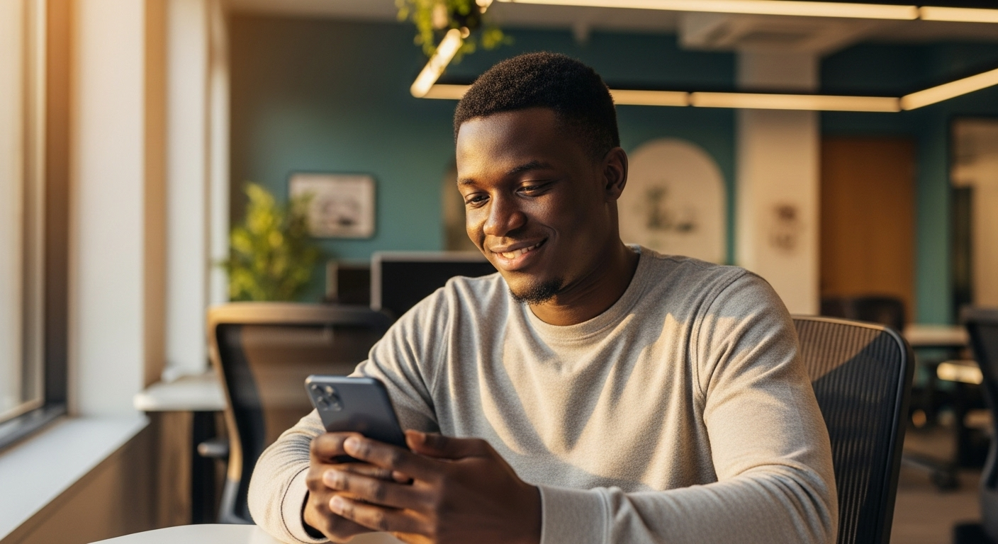 A man sits at a desk in a modern, sunlit office, smiling as he checks his smartphone—perhaps exploring Workplace Loans. He wears a light gray long-sleeve shirt, with plants and framed pictures adding warmth to the background.