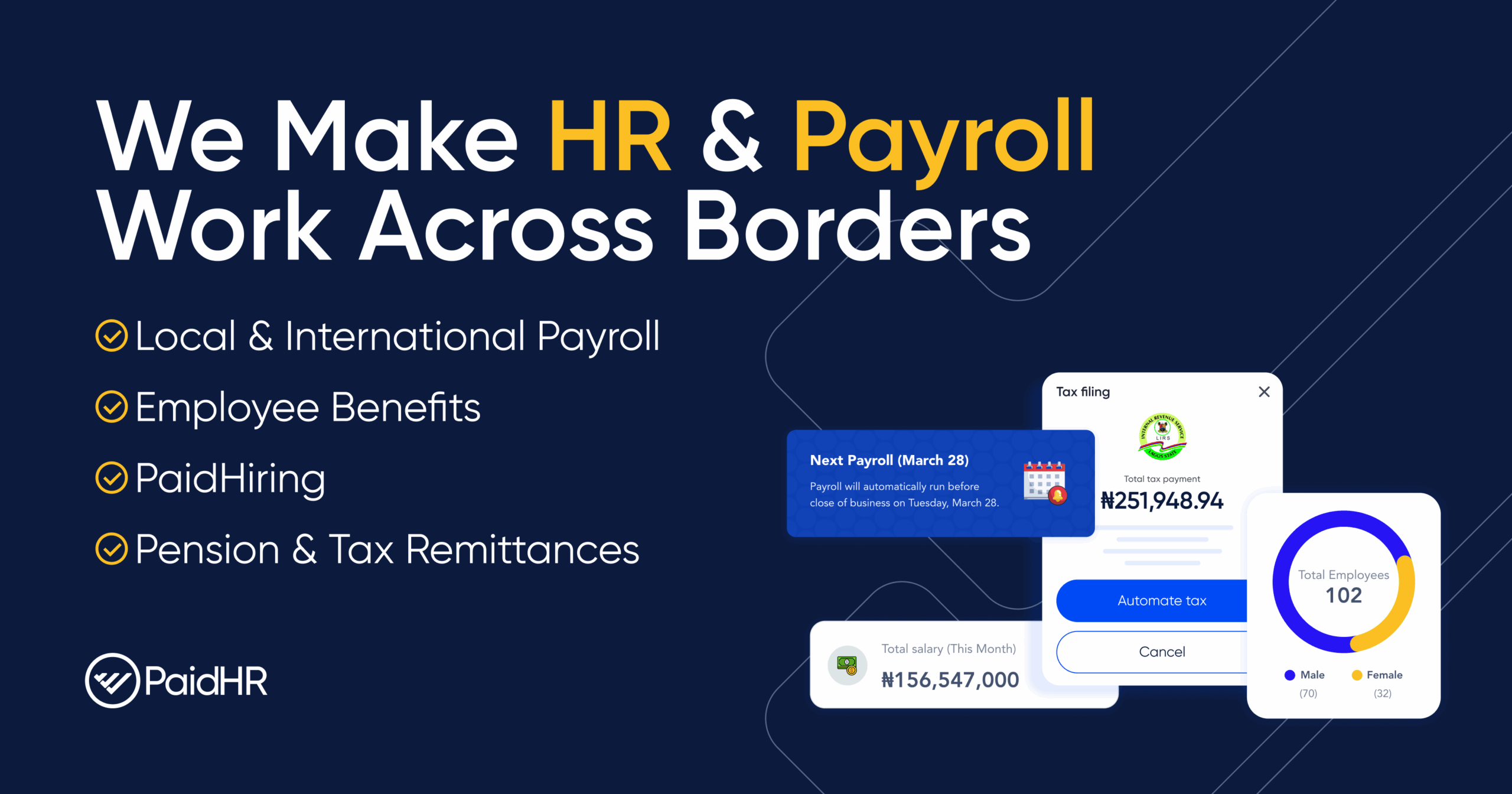 A promotional graphic for PaidHR features the text “We Make HR & Payroll Work Across Borders” alongside PaidHR icons and points on payroll, benefits, hiring, and tax remittances, with illustrated dashboards and charts on a dark blue background.