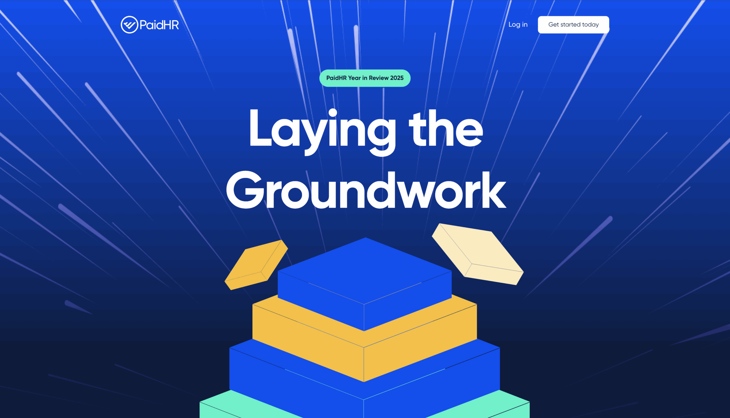The PaidHR website homepage features the headline Laying the Groundwork above 3D stacked shapes and geometric tiles, with a blue, yellow, and teal color scheme. Navigation buttons at the top right provide easy access to Reports and Research sections.